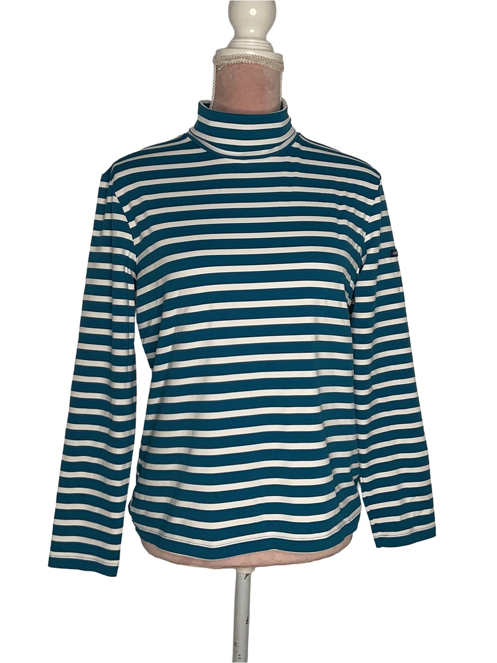 Saint James Teal and White Striped Turtleneck Long-Sleeve Top